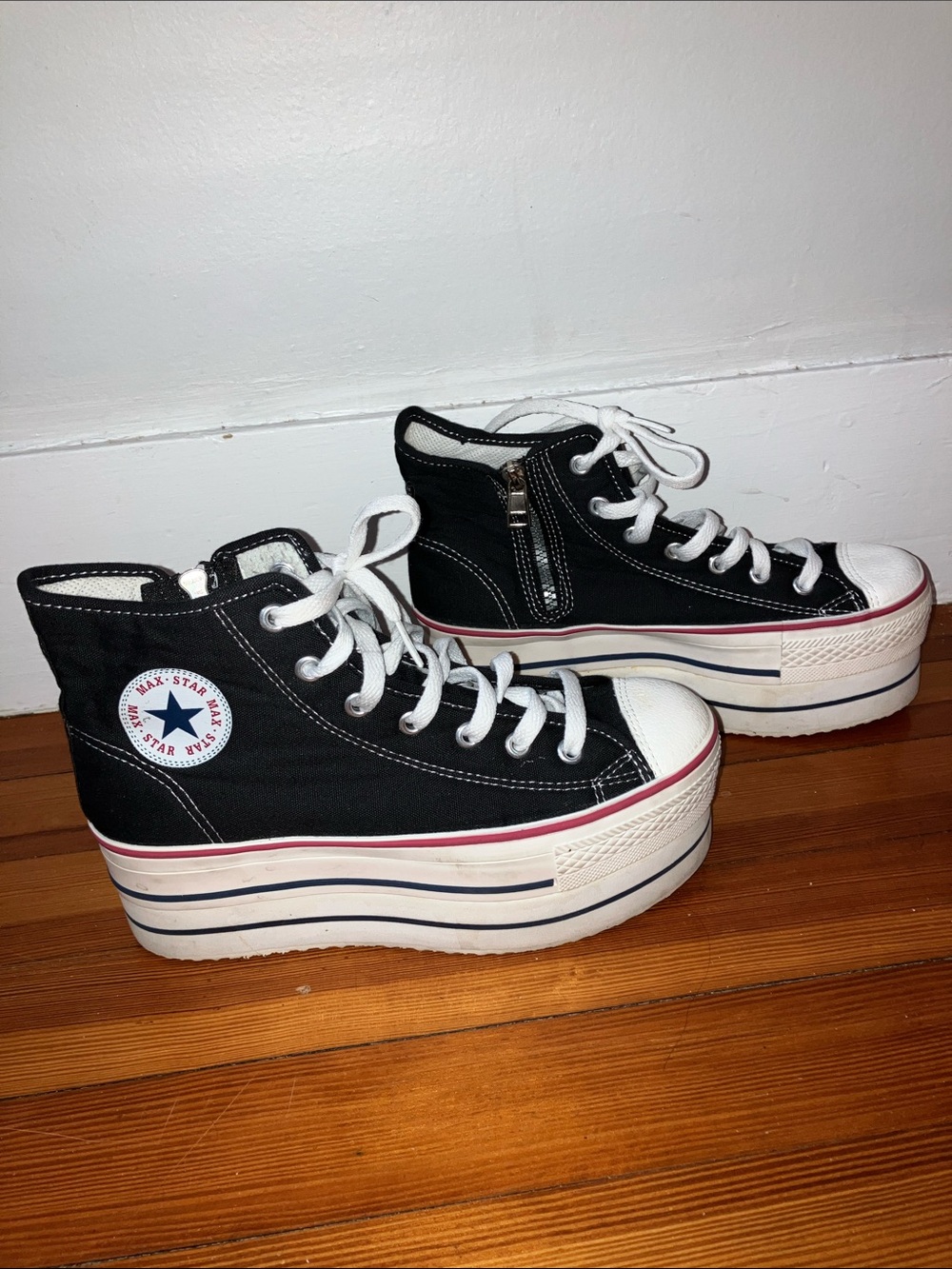 MAX STAR Black Platform High-Top Canvas Sneakers with Red Stripe - Picture 4 of 8